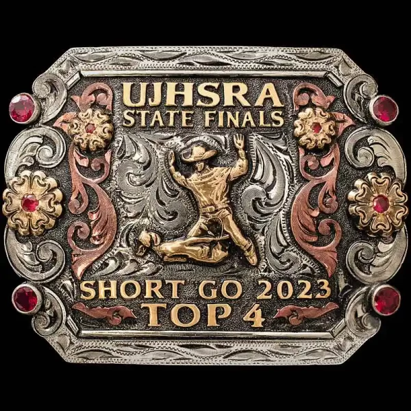 This gorgeous Buckle is a Perfect Trophy to Award any Winner with! It's crafted on a hand engraved, German Silver base and detailed with beautiful Copper scrolls. Elements such as the Jeweler's Bronze flowers, lettering and cubic zirconia stones add